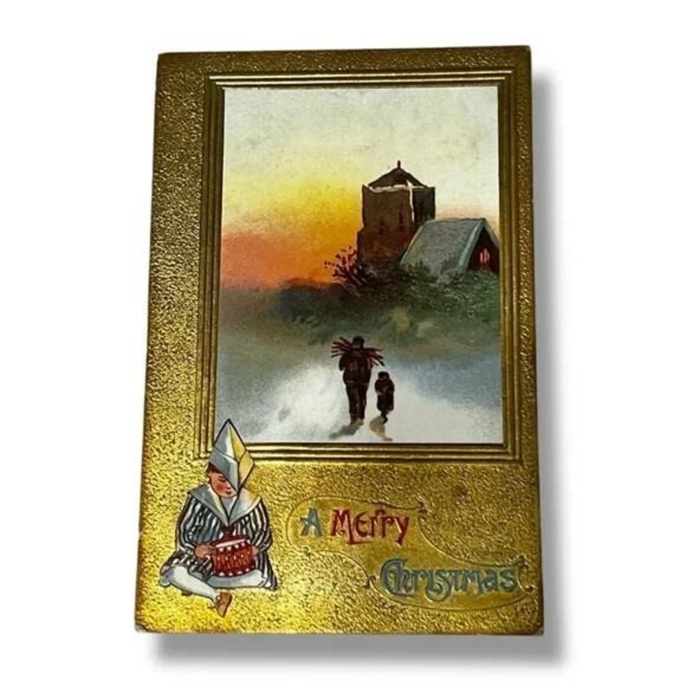 Postcard A Merry Christmas Gilded Embossed Drummer Boy Divided Back Card C263